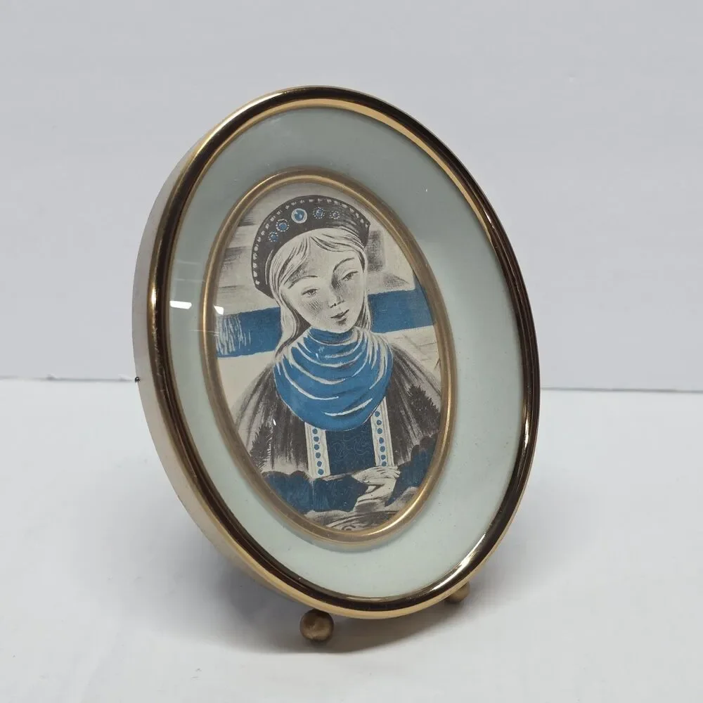 Vintage Bubble Glass Oval Picture Frame Shadow Box Retro 60s Gold Tone Metal